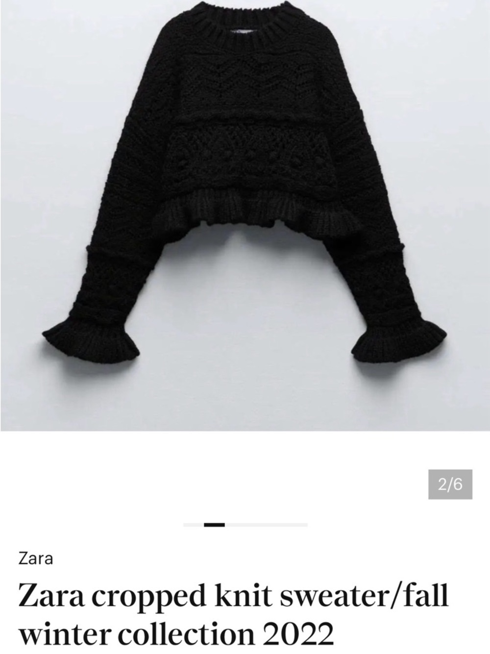 Zara Black Cropped Cable-Knit Sweater with Ruffle Cuffs